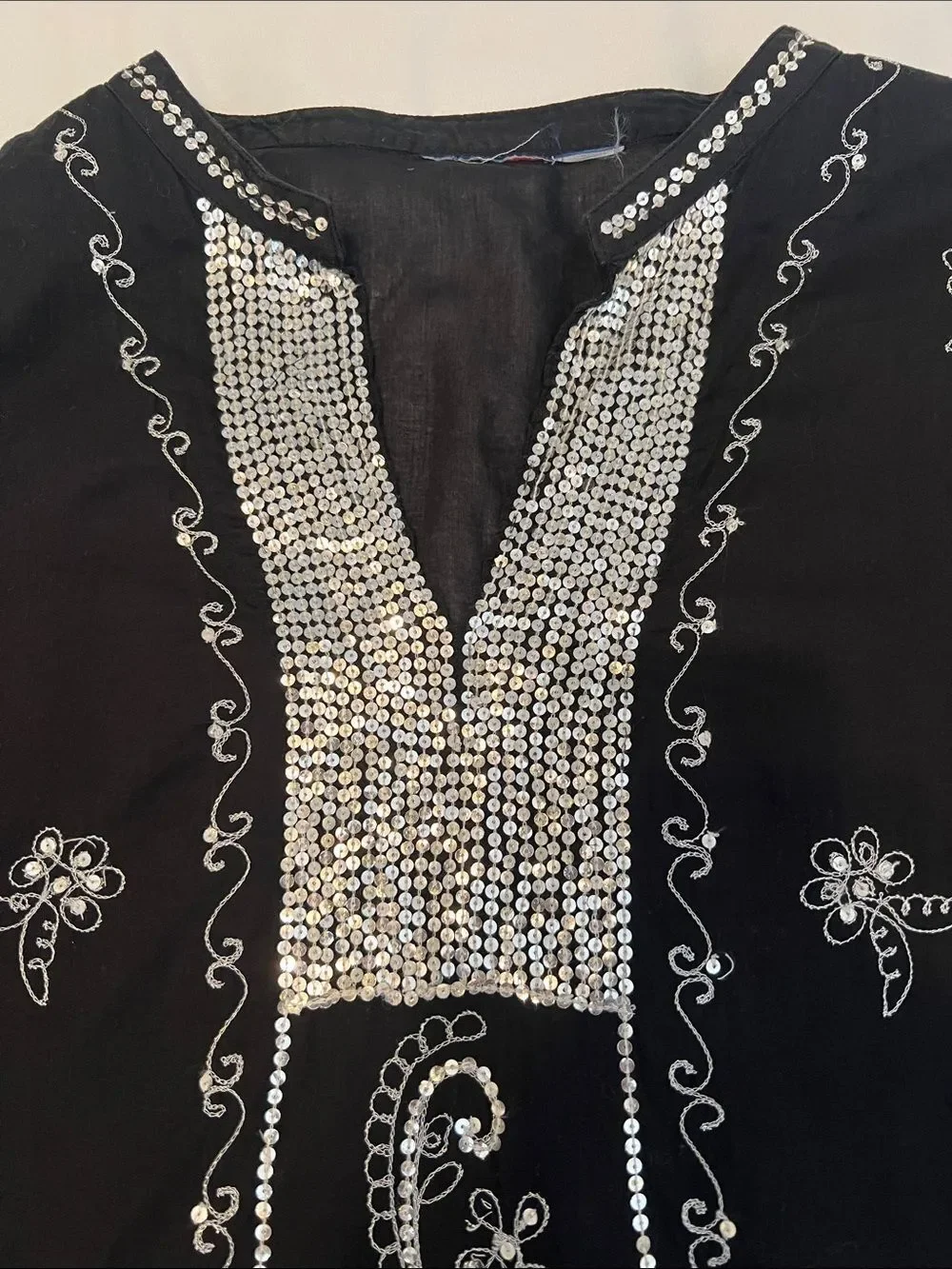 OSFM Sheer Black Long Sleeve Tunic Swim Coverup with Sequins an Side Slits EUC